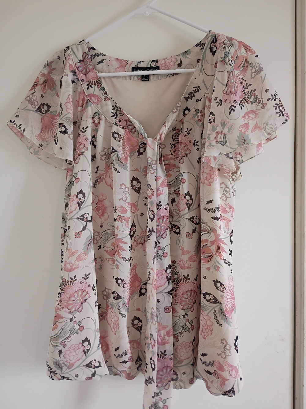 Floral Tie-Neck Blouse - Cream and Pink